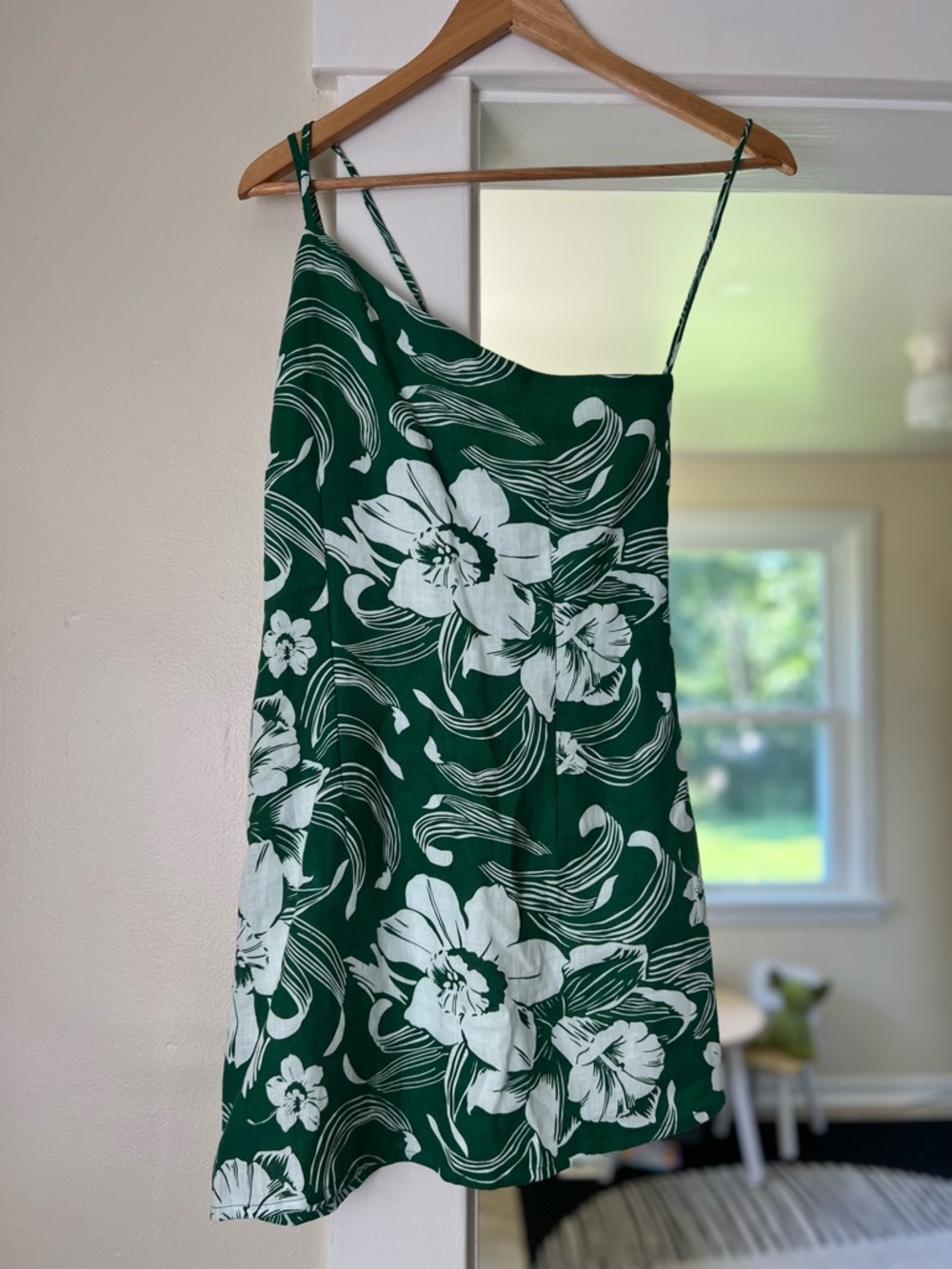 Faithfull the Brand Green One-Shoulder Floral Linen Dress